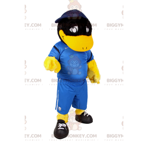 BIGGYMONKEY™ Maskottchen-Kostüm Schwarze Ente im Fußball-Outfit