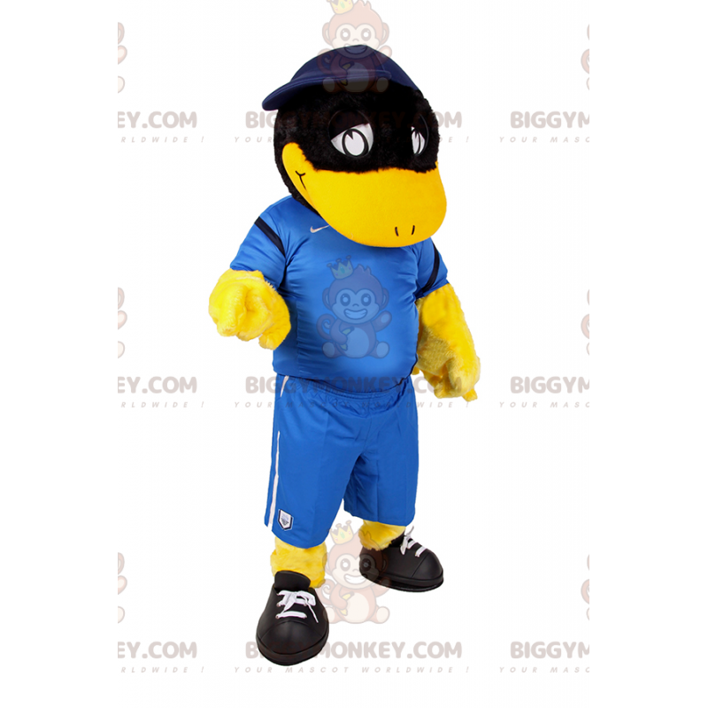 BIGGYMONKEY™ mascottekostuum zwarte eend in voetbaloutfit -