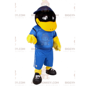 BIGGYMONKEY™ mascottekostuum zwarte eend in voetbaloutfit -