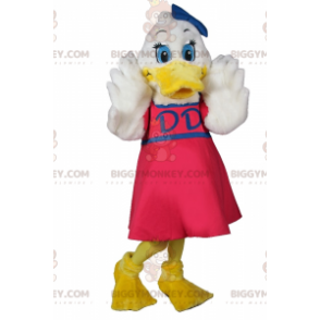 BIGGYMONKEY™ Mascot Costume White Duck With Pink Dress And Blue