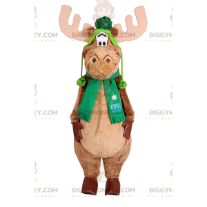 Caribou BIGGYMONKEY™ Mascot Costume with Scarf and Green Hat –