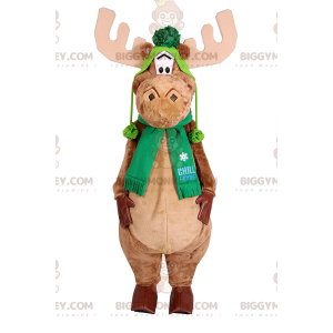 Caribou BIGGYMONKEY™ mascottekostuum met sjaal en groene muts -