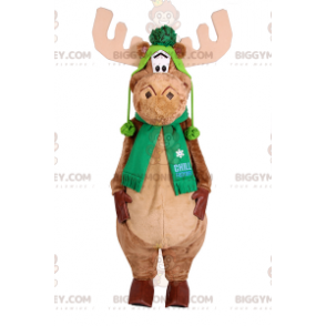 Caribou BIGGYMONKEY™ Mascot Costume with Scarf and Green Hat -