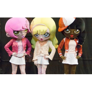 3 mascote de garotas de desenhos animados de cabelo colorido do