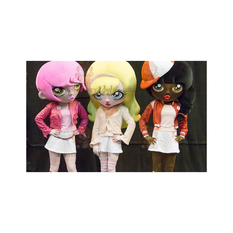3 mascote de garotas de desenhos animados de cabelo colorido do