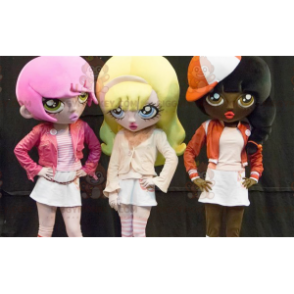 3 μασκότ κοριτσιών με πολύχρωμα μαλλιά κινουμένων σχεδίων
