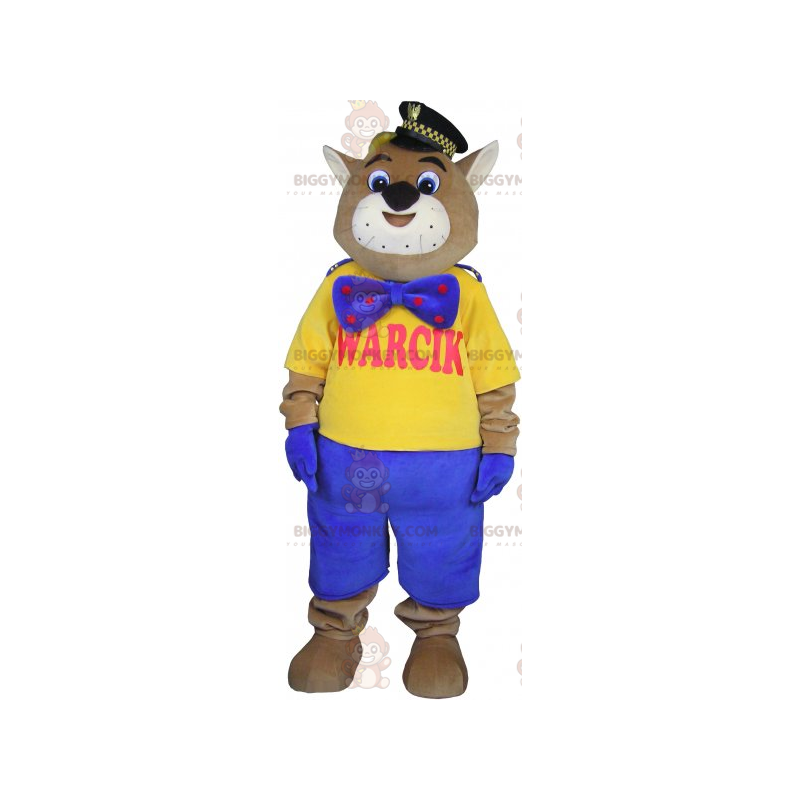 Cat BIGGYMONKEY™ Mascot Costume with Police Cap and Blue Bow