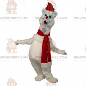 Snow Cat BIGGYMONKEY™ Mascot Costume with Scarf and Red Hat –