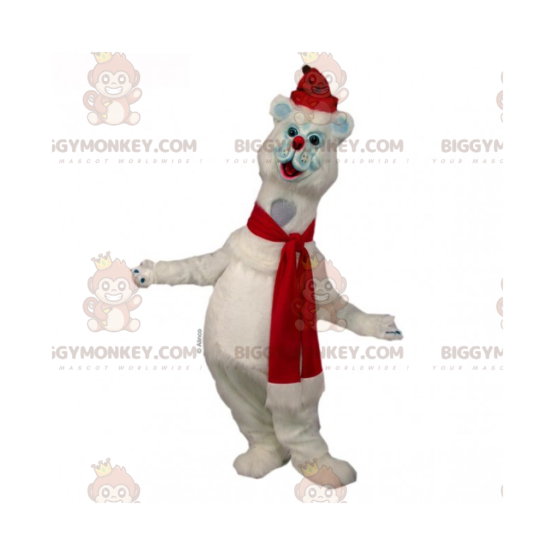 Sneeuwkat BIGGYMONKEY™-mascottekostuum met sjaal en rode hoed -
