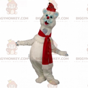 Sneeuwkat BIGGYMONKEY™-mascottekostuum met sjaal en rode hoed -