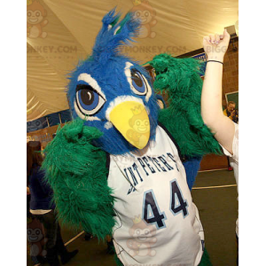 Κοστούμι μασκότ BIGGYMONKEY™ με μαλλιαρό μπλε και πράσινο πουλί