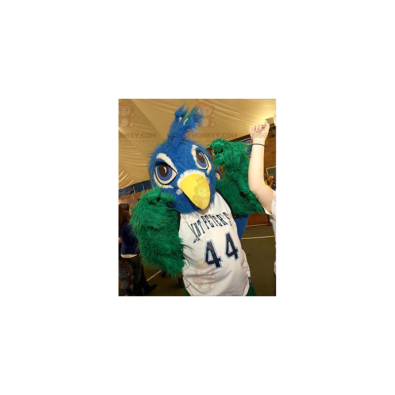 Κοστούμι μασκότ BIGGYMONKEY™ με μαλλιαρό μπλε και πράσινο πουλί