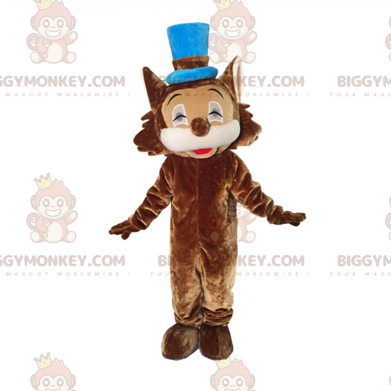Brun kat BIGGYMONKEY™ maskotkostume med blå hat -