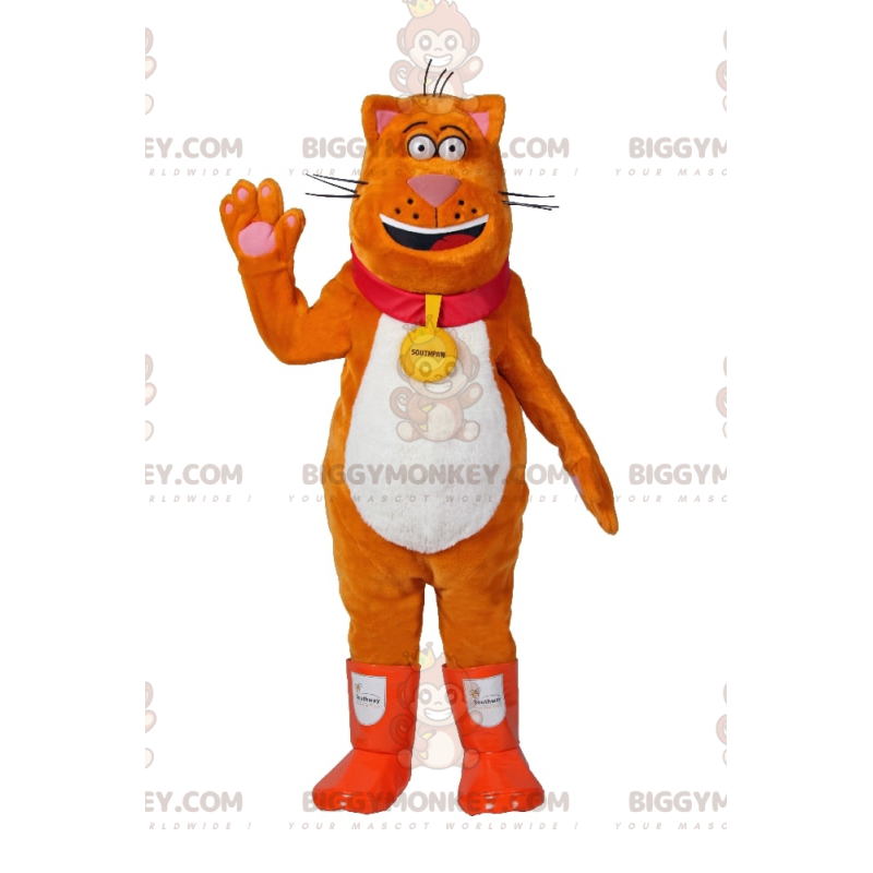 Oranje kat BIGGYMONKEY™ mascottekostuum met regenlaarzen en