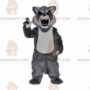 Traje de mascote de gato selvagem cinza e branco BIGGYMONKEY™ –