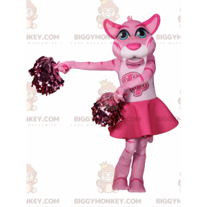 Traje de mascote BIGGYMONKEY™ Gato rosa com roupa de líder de