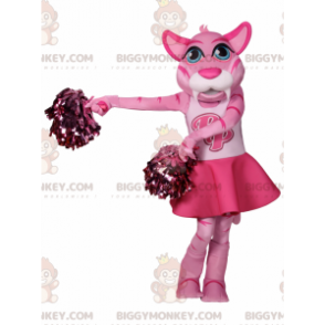 BIGGYMONKEY™ Mascot Costume Pink Cat In Cheerleader Outfit –