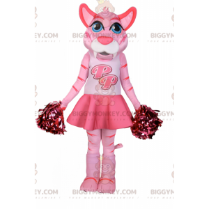 BIGGYMONKEY™ mascottekostuum roze kat in cheerleader-outfit -