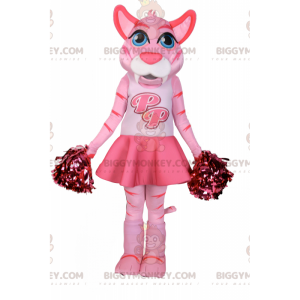 BIGGYMONKEY™ Maskottchenkostüm Rosa Katze im Cheerleader-Outfit