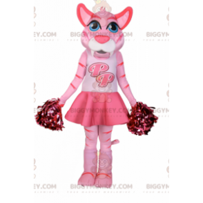 BIGGYMONKEY™ Mascot Costume Pink Cat In Cheerleader Outfit -