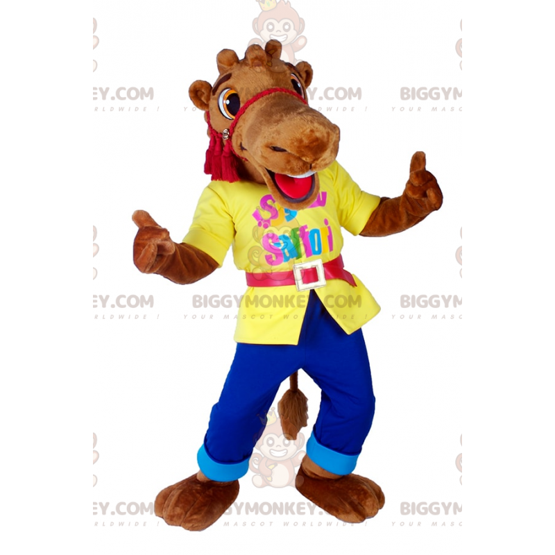 Costume da mascotte BIGGYMONKEY™ cammello sorridente con abito