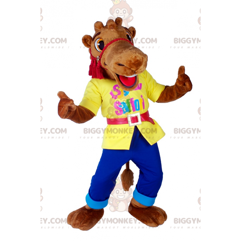 Kostým s usměvavým velbloudem BIGGYMONKEY™ maskota s honosným