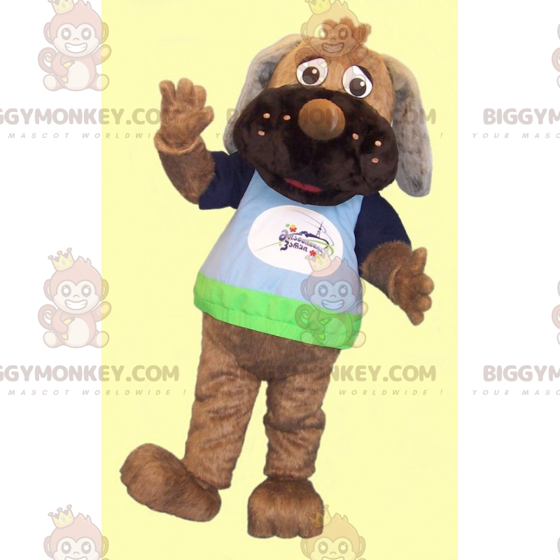 Traje e camiseta de mascote de cachorro com orelhas compridas