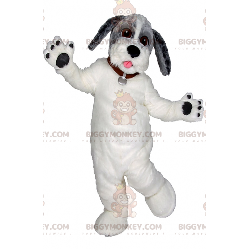 Costume de mascotte BIGGYMONKEY™ de chien blanc et tête grise -
