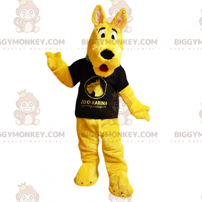 Στολή μασκότ κίτρινου σκύλου BIGGYMONKEY™ με μαύρο μπλουζάκι -