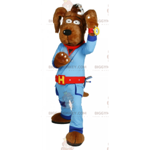 Kostým maskota hnědého psa BIGGYMONKEY™ s modrým overalem –