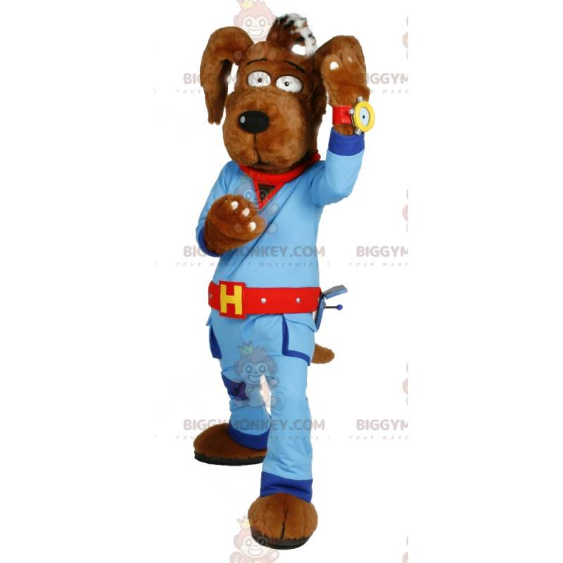 Bruine hond BIGGYMONKEY™ mascottekostuum met blauwe jumpsuit -