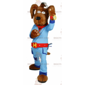 Bruine hond BIGGYMONKEY™ mascottekostuum met blauwe jumpsuit -