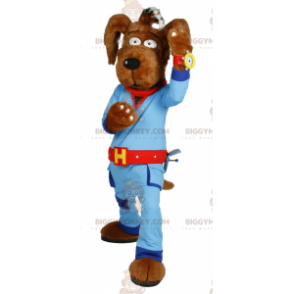Brun hund BIGGYMONKEY™ maskotdräkt med blå jumpsuit -