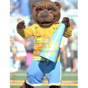BIGGYMONKEY™ Brown Bear Mascot Costume Dressed As A Firefighter