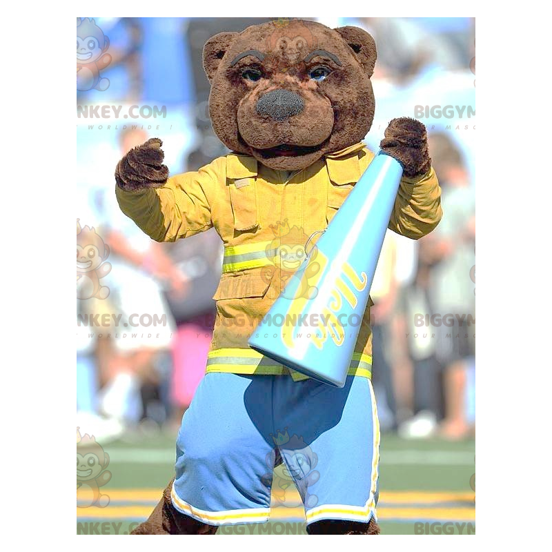 BIGGYMONKEY™ Brown Bear Mascot Costume Dressed As A Firefighter