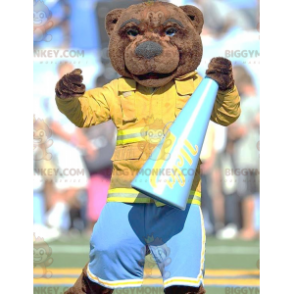 BIGGYMONKEY™ Brown Bear Mascot Costume Dressed As A Firefighter