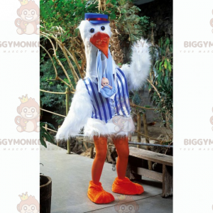 Cicogna con il costume della mascotte BIGGYMONKEY™ del bambino