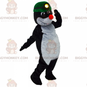 Traje de mascote BIGGYMONKEY™ Cegonha cinza com chapéu vermelho