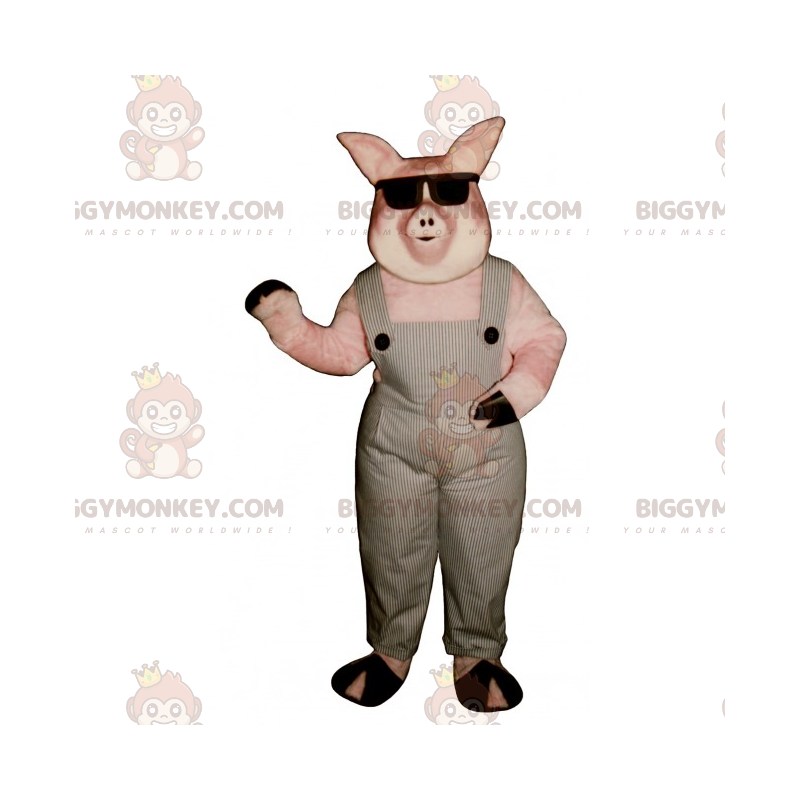 BIGGYMONKEY™ Pig Mascot Costume In Overalls And Dark Glasses –