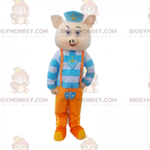 Kostým maskota Pig BIGGYMONKEY™ v modrém a oranžovém oblečení