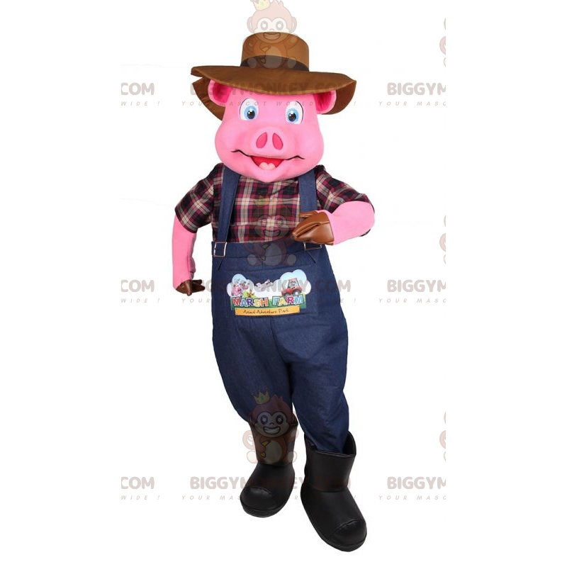 BIGGYMONKEY™ mascottekostuum roze varken in boerenoutfit -