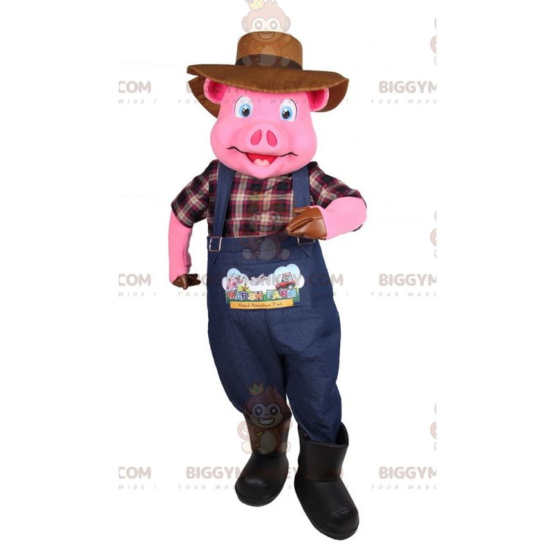 BIGGYMONKEY™ Maskottchenkostüm Rosa Schwein im Bauernoutfit -