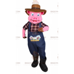 BIGGYMONKEY™ Maskottchenkostüm Rosa Schwein im Bauernoutfit -