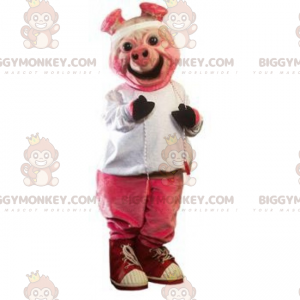 Kostým maskota s úsměvem růžové prase BIGGYMONKEY™ a kompletní
