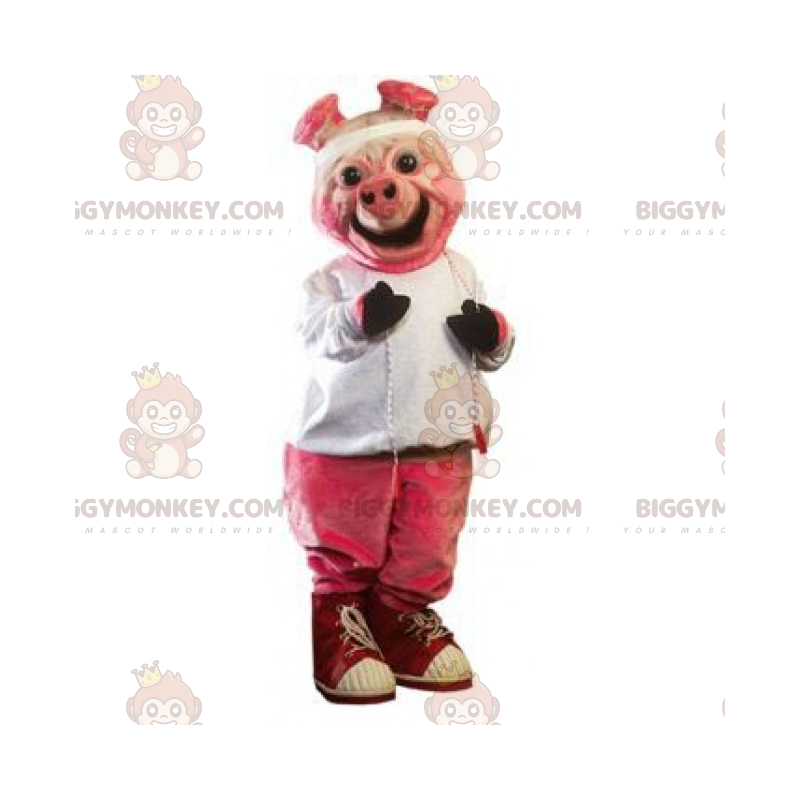 Hymyilevä vaaleanpunainen possu BIGGYMONKEY™ maskottiasu ja