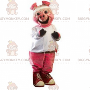 Kostium maskotka uśmiechnięta różowa świnia BIGGYMONKEY™ i