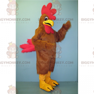 Costume da mascotte da gallo marrone con stemma rosso grande