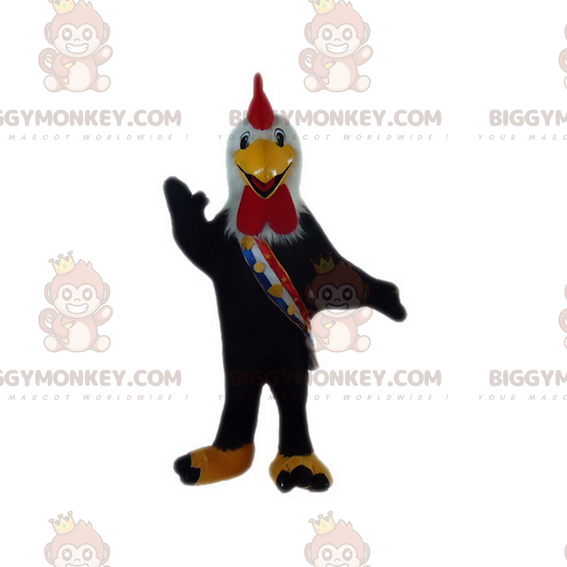Costume da mascotte gallo nero BIGGYMONKEY™ con sciarpa