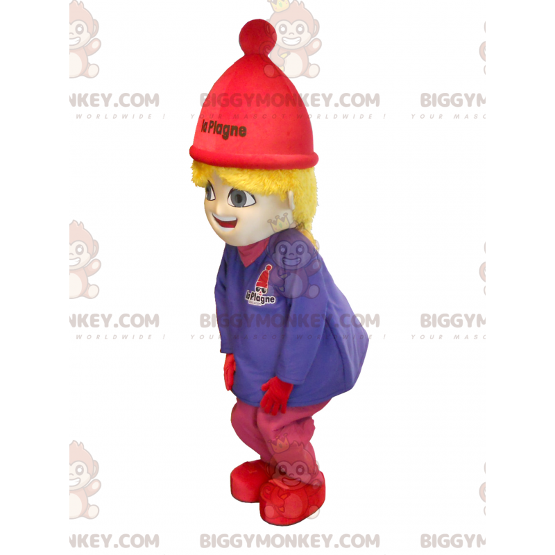 BIGGYMONKEY™ Little Blonde Girl In Ski Outfit Mascot Costume –