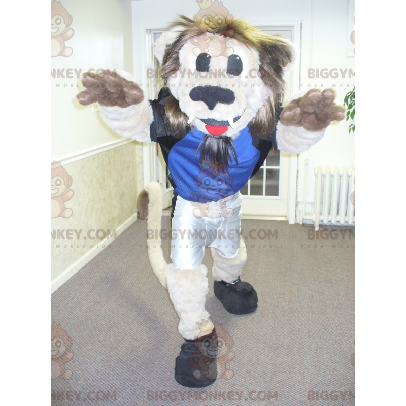 BIGGYMONKEY™ Mascot Costume of a beige and brown lion with a